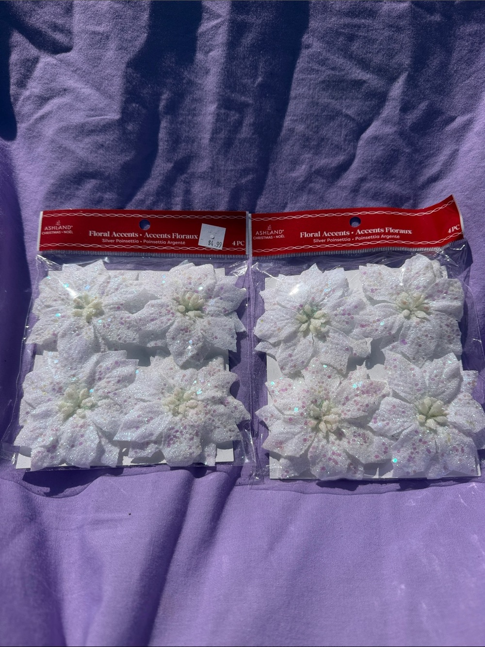 5 for $10 💜 Ashland White Glitter Poinsettia Floral Accents